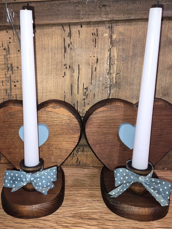 Other - Set of handmade rustic wooden heart candle holders featuring blue heart accents